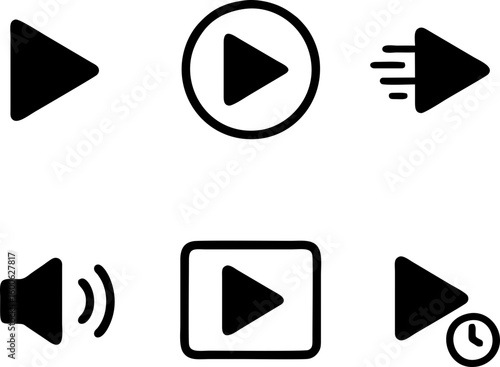 vector icon set related to media file consequences: classic play button, play in circle, fast forward, play with sound, play button in icon interface, delayed consequence.