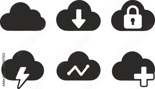 A set of vector cloud icons with various symbols, loading, security, lightning, statistics and adding. for use in cloud storage interfaces, applications, web design, technology and IT projects.