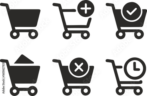 Vector icon set: empty cart, adding item, successful purchase, removing item, waiting, loading. for use in online stores, e-commerce platforms, applications and interfaces, with online shopping.