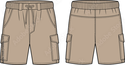 Cargo shorts technical flat sketch, casual men’s wear vector template, front and back view, drawstring waistband design illustration