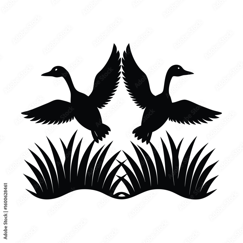 Obraz premium Symmetrical Duck Silhouettes Above Grass
