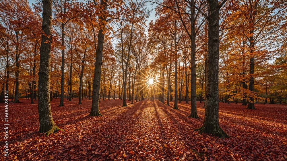 Fototapeta premium autumn forest scene with golden foliage and sun rays filtering through trees casting shadows on the ground covered in orange leaves