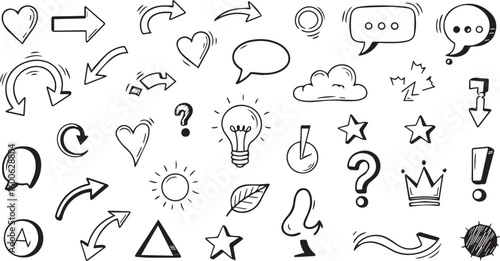 Collection of hand drawn doodle icons and symbols isolated on transparent background