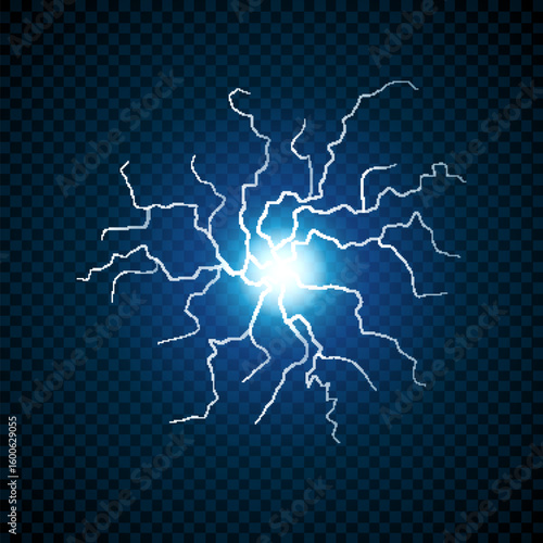 Electric energy burst with glowing lightning effect on transparent dark background for power concept or high voltage design