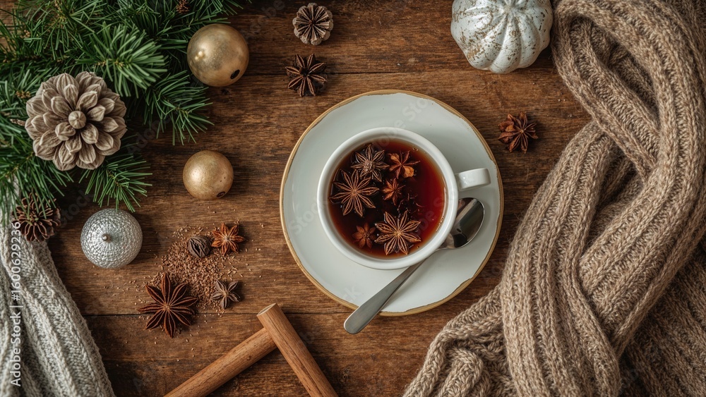 Cozy still life composition featuring a cup of spiced tea on a wooden surface adorned with holiday decorations and warm sweaters. Cozy still life composition featuring a cup of spiced tea on a wooden surface adorned with holiday decorations and warm sweaters.