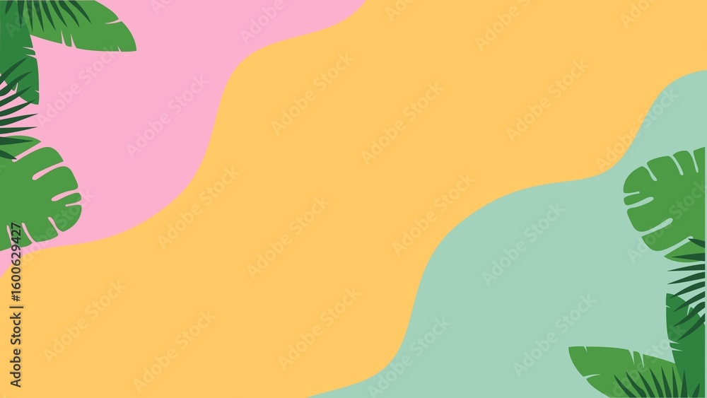 Fototapeta premium Abstract summer background with tropical monstera leaves on colorful pastel shapes. Modern vector template for posters and banners.