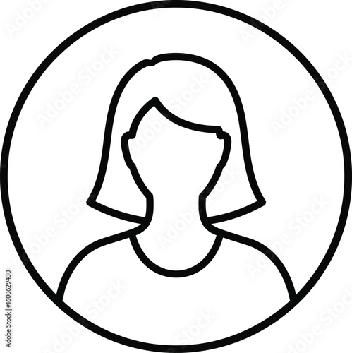 Vector art of a black and white outline icon of a womans head and shoulders within a circular frame isolated on transparent background