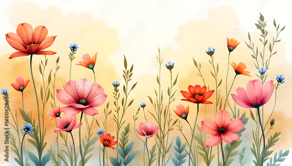 Fototapeta premium Watercolor Flowers Field with Orange and Pink Blooms