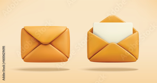 closed and open Envelope with Blank Letter vector 3d icon.
