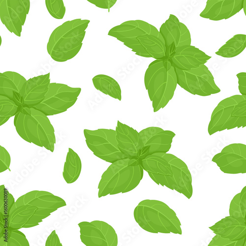 Green basil leaves seamless pattern. Vector cartoon flat illustration. Background with fresh fragrant herb.