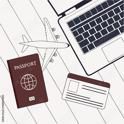 Travel Essentials on Table – Passport, Flight Ticket, Plane Model, and Laptop Closeup

