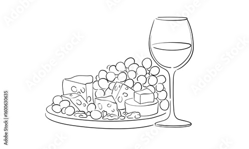 Wine with cheese and grapes, continious line drawing. Cheese and lime outline. Vector illustration