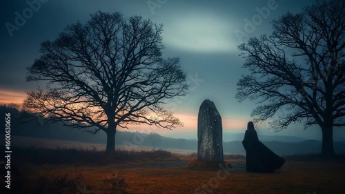 A solitary druid priestess in a black cloak stands at a sacred menhir between two bare trees during a mystical sunset.