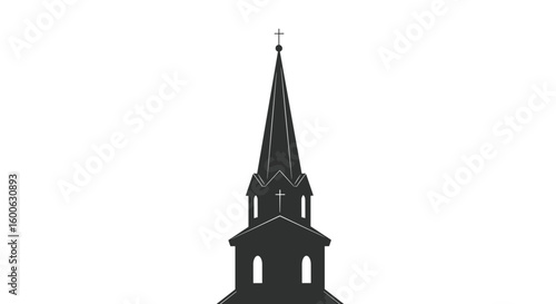 Church steeple silhouette in black with cross on white background