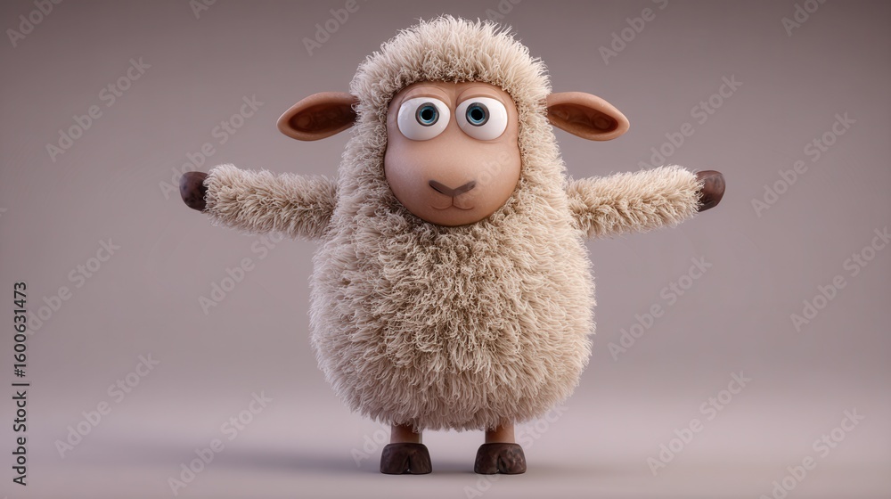 Fototapeta premium A cute sheep character posing with open arms, showcasing a playful and friendly demeanor