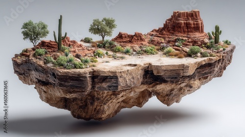 A miniature desert landscape model floating in the air. It features a canyon, desert plant, and a rocky terrain