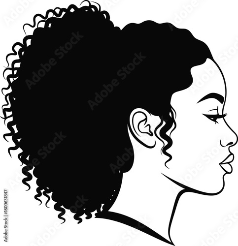 Vector art of a black silhouette of a womans head in profile features a large voluminous curly afro hairstyle tied up in a bun isolated on transparent background