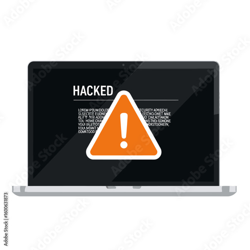 A laptop screen displays a "HACKED" message with an alert symbol, indicating a security breach.