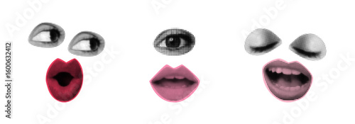 Halftone collage set of eyes, lips, mouth in pop art style. Surreal facial expressions in dotted texture. Vintage comic faces. 