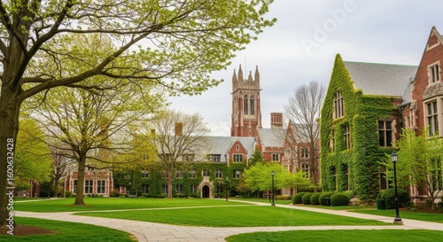 Historic University Campus With Gothic Architecture And Lush Green Spaces