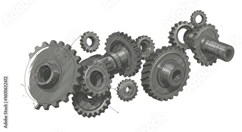 Detailed Sketch of Interlocking Metal Gears, Precisely Rendered with Grayscale Shading, Showing Intricate Tooth Detail and Central Shafts.