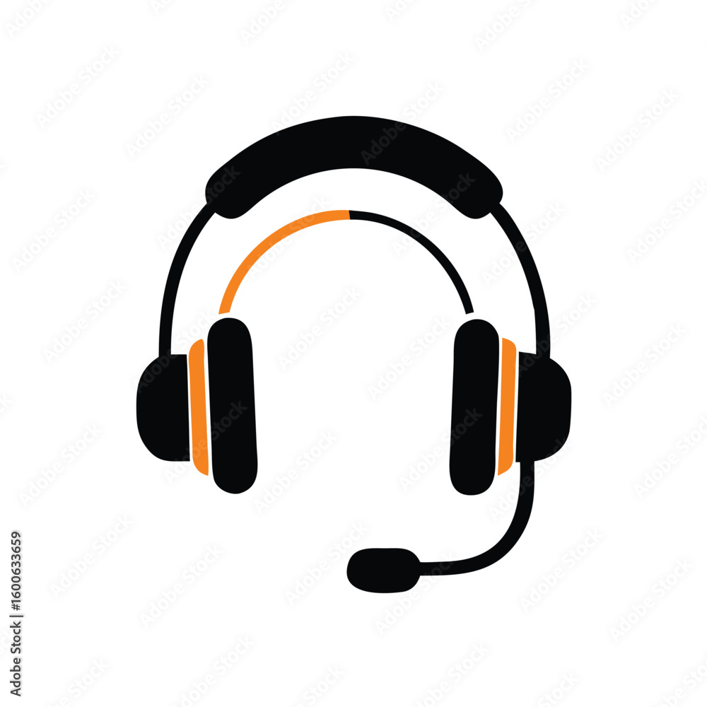 Black headset with orange accents and microphone is displayed on a white transparent background Black headset with orange accents and microphone is displayed on a white transparent background