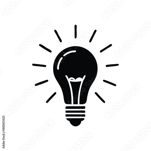 A striking black lightbulb emits rays, conveying innovation and creativity in a transparent backdrop