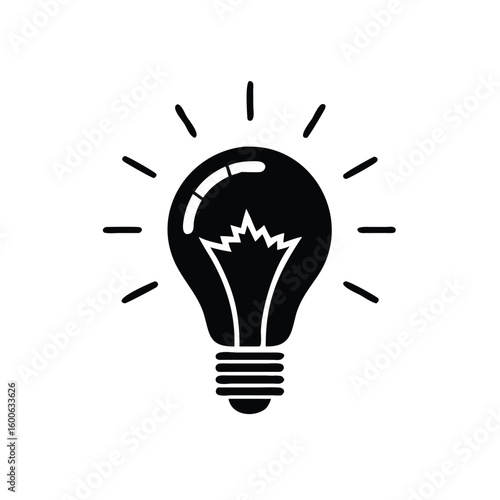 Black lightbulb flashes brightly against a white background, radiating lines outward and remains transparent