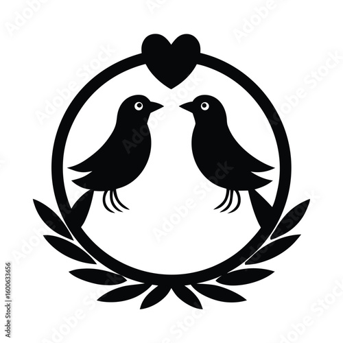 Two lovebirds on a vine ring with a heart