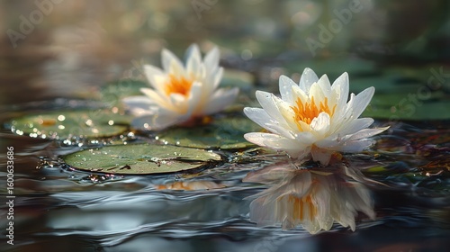 Two white lotus flowers floating gracefully on a serene pond, surrounded by lily pads and reflecting in the water