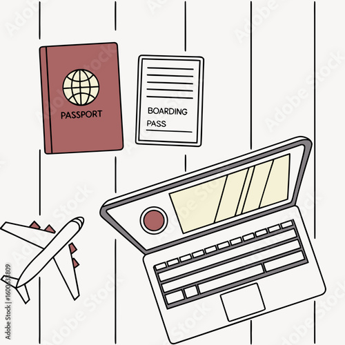 Travel Essentials on Table – Passport, Flight Ticket, Plane Model, and Laptop Closeup

