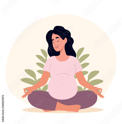Pregnant woman meditating outdoors, surrounded by nature. Concept of health, self-care, and pregnancy.