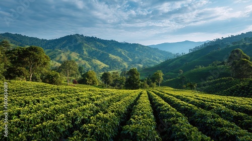 A vibrant coffee plantation nestled in a lush, mountainous landscape, showcasing rows of coffee plants under a bright blue sky