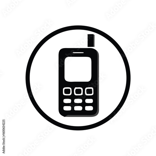 Black basic mobile phone icon is inside a circle on a transparent background