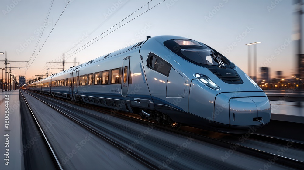 Naklejka premium A high-speed train speeding through a city, symbol of modern transport. The train is streamlined and the scenery blur indicating movement