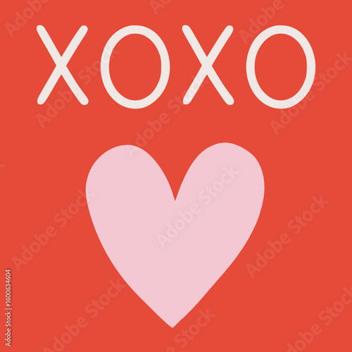 XOXO and Pink Heart Valentines Love Postcard Background. Minimalist style in red