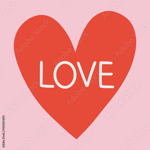 Valentines Red Heart with Text Love. . Minimalist Icon in Red with Pink background