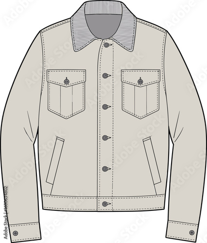 Men’s beige denim jacket CAD flat sketch with striped collar, front view fashion technical drawing for apparel design templates