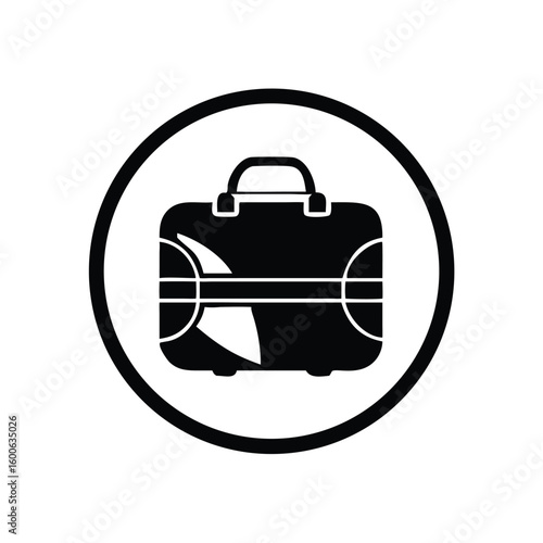 Black silhouette of luggage within a circle creates a strong contrast, standing out on white
