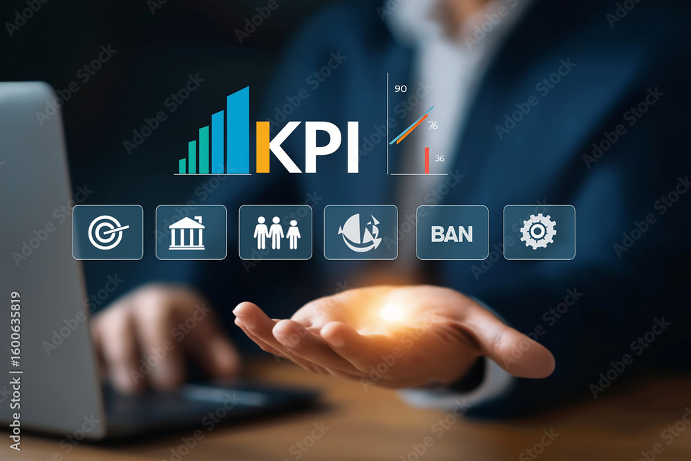 Naklejka premium Business executive using KPI performance indicators with AI data analytics and digital dashboards to measure growth, optimize strategy, and digital transformation management