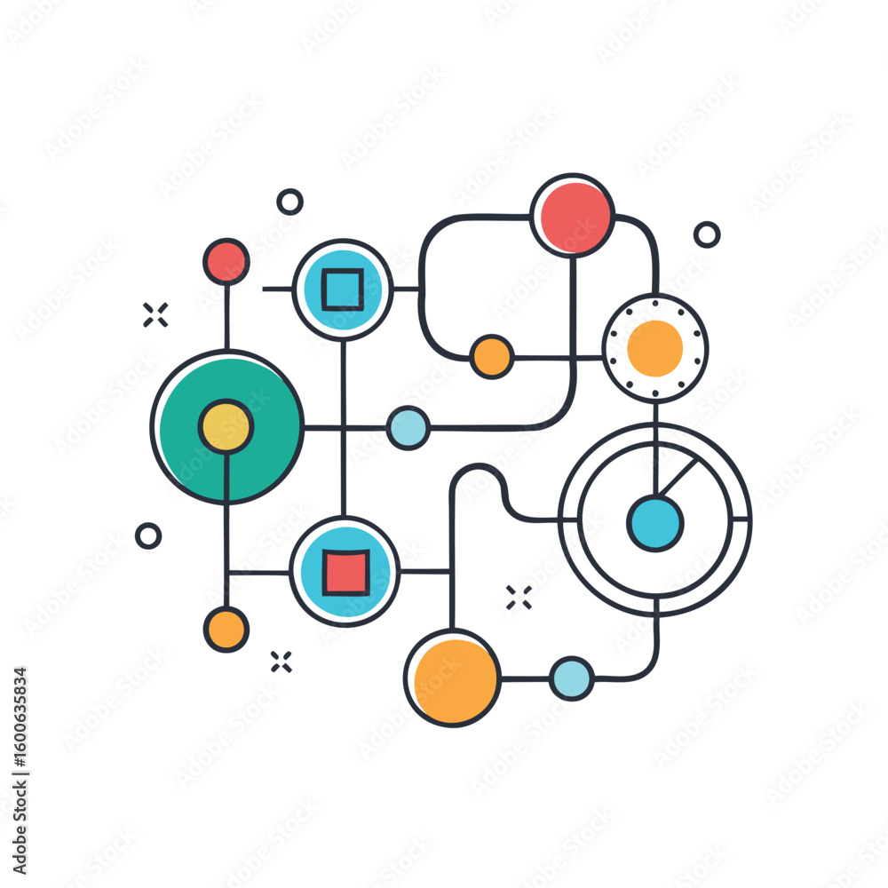 Abstract colorful interconnected nodes and lines representing a network or system isolated on white background Abstract colorful interconnected nodes and lines representing a network or system isolated on white background