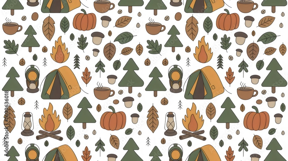 Celebrate autumn camping adventures with this festive seamless pattern design for cozy fall decor projects