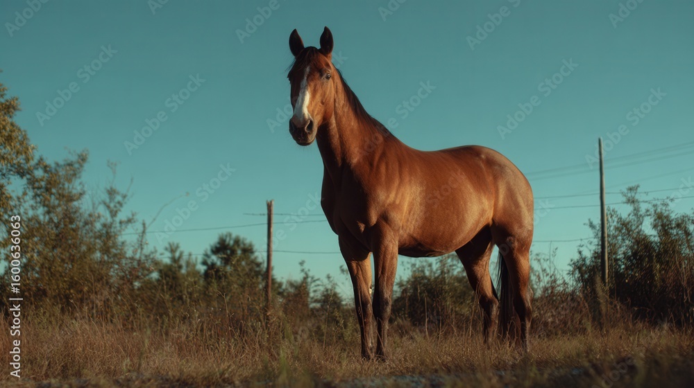 A solitary horse stands gracefully in a vast field, bathed in the warm glow of daylight. The animal gazes toward the viewer, conveying a sense of serenity. A solitary horse stands gracefully in a vast field, bathed in the warm glow of daylight. The animal gazes toward the viewer, conveying a sense of serenity.
