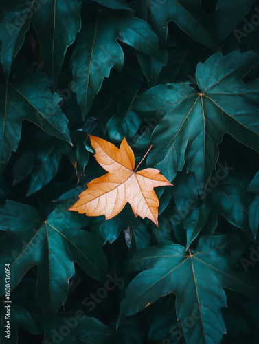 Single yellow leaf contrasts with surrounding dark green leaves.