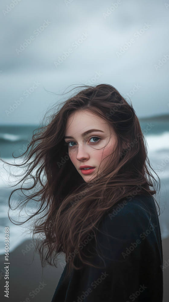 Fototapeta premium Young woman with flowing hair gazes at camera on a windy beach.