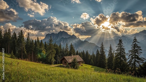 Fototapeta Naklejka Na Ścianę i Meble -  Picturesque Mountain Scene Featuring a Rustic Chalet
