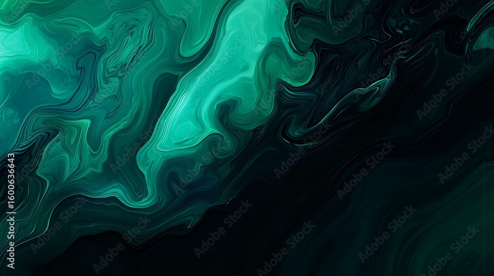 Obraz premium Abstract emerald green fluid art background with swirling textures and dark gradients design