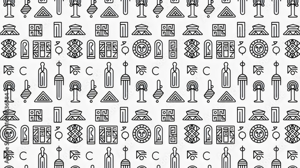 Naklejka premium Unique monochromatic pattern with tribal inspired motifs for backgrounds or creative projects