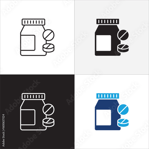 Medicine and bottle icon. Drug icon. Icon symbol for medication, pills, tablet, vitamin, supplement, antibiotic, prescription, capsule. Vector illustration