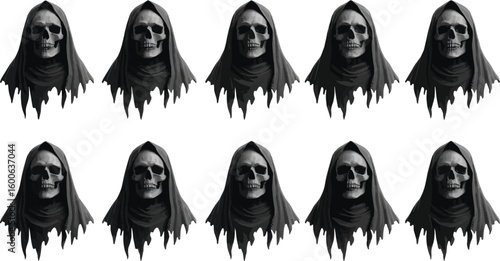 A pattern of grim reapers with skulls in dark cloaks against a white background in a spooky design
